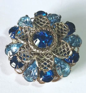 Vintage Layered Silver Filigree Flower Brooch w Light & Dark Blue Rhinestones - Picture 1 of 7