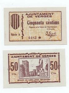 Spain España Civil War Verges 50 Centims ND 1937 Republican Zone UNC Original - Picture 1 of 3