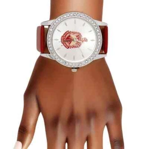 DST Red Leather Silver Sun Cut Dial Watch Women - Picture 1 of 4