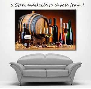 LARGE FRAMED CANVAS ART FINE WINE & BEER GLASS WOOD BARREL CORK SCREW NEW PRINT - Picture 1 of 2