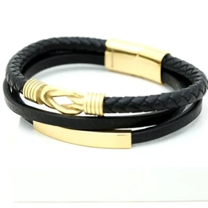 Men 8"Stainless-Steel,Black Braided.Leather Magnetic Bracelet,Gold plated BOX - Picture 1 of 4