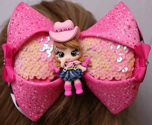 Pink Sequin Cowgirl Clay Doll Hair Bow Handmade Boutique - Picture 1 of 1