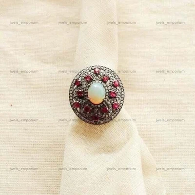 Anello da sposa cocktail naturale opale di fuoco ovale in argento sterling 925 - Immagine 1 di 4