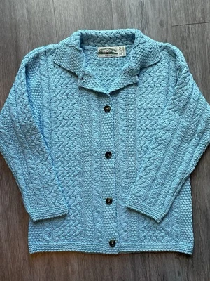 Aran Crafts Sweater Medium Blue Irish Button Down Cardigan Cable Knit Ireland - Image 1 of 4