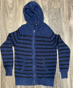 J Crew Sweater Mens XS Blue Black Stripe Full Zip Hooded Hoodie Cotton Knit - Picture 1 of 5