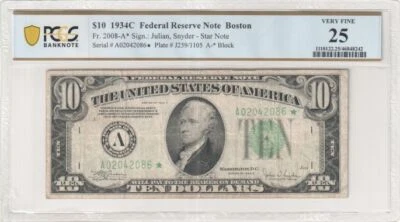 $10 1934-C FRN, Fr. 2008-A*, Boston Star PCGS-B Very Fine 25 - Image 1 of 2
