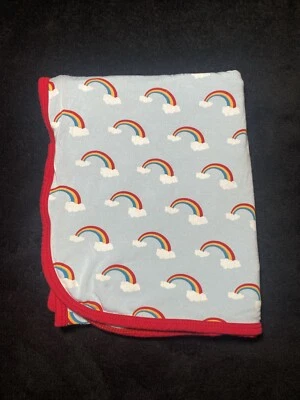 Kickee Baby Blanket Rainbow Blue Stretchy Jersey Knit Red Trim Edge Soft Swaddle - Image 1 of 4