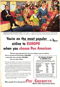 Print Ad Pan American Airlines Luxurious Lower Deck Lounge Fares Vintage c1954 - Picture 1 of 1