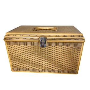Vintage Wil Hold Basket Weave Sewing Box Wilson Mfg 1 Tray Gold Wicker Plastic - Picture 1 of 12