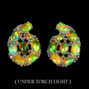 925 Sterling Silver Oval Fire Opal 6x4mm Sapphire Diamond Cut Earrings - Picture 1 of 10