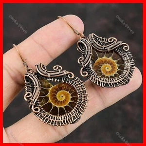 Womens day Deal Ammonite Fossil Stone Copper Wire Wrapped Dangling Hook Earrings - Picture 1 of 6