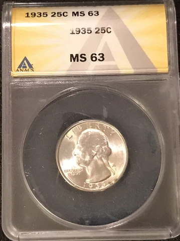 1935 Washington Quarter Graded By ANACS MS-63 Cover