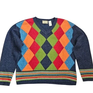 Vtg Liz Claiborne Argyle V-Neck Sweater Wool Blend Large Academia - Picture 1 of 10
