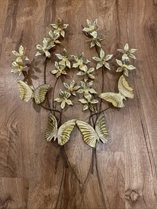 2 Vintage Wandbehang Schmetterlinge & Blumen messingfarben Metallkunst 20 Zoll lang - Bild 1 von 17