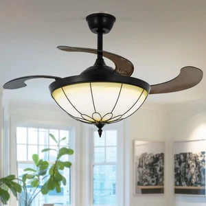 42" Vintage Ceiling Fan Light Remote 3-Color LED Chandelier w/Retractable Blades - Picture 1 of 21