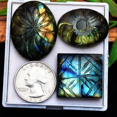 3 Pcs Natural Labradorite 26mm-35mm Hand Carving Flashy Untreated Gemstones Lot - Image 1 of 4