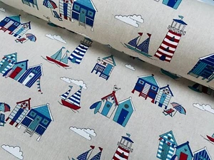 Little Beach Huts Print Fabric Curtains Decor Marine Material -140cm wide Blue - Picture 1 of 6