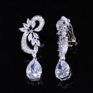 Pendientes colgantes de cristal con clip en lágrima de circonita cúbica sin piercing para mujer - Imagen 1 de 11