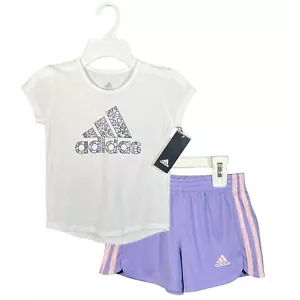 adidas Toddler/Little Girls T-Shirt & Shorts Outfit Set Size 3-4 Lavender White - Picture 1 of 12