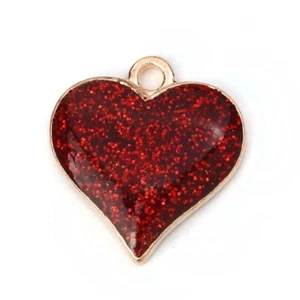 10 Stunning Valentine Red Heart Shaped Gold Tone Pendants with Glittered Detail - Picture 1 of 1