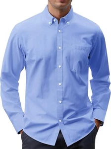 Men's Oxford Shirt Solid Button Down Collar Long Sleeve Dress Shirt with Pocket - Picture 1 of 41