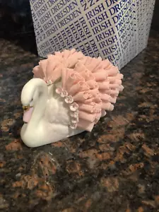 Vintage Irish Dresden Porcelain Lace Pink Swan - Large - Picture 1 of 12