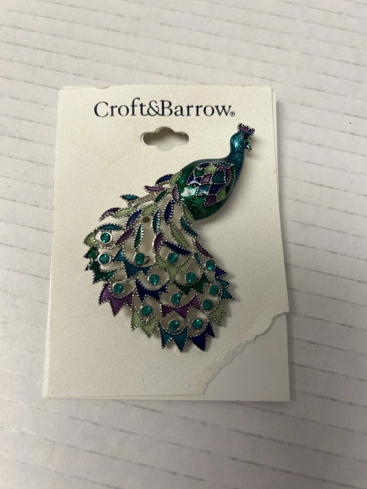 Broche vintage Croft & Barrow esmalte roxo turquesa pavão - Imagem 1 de 2