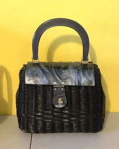 SIMON BLACK Wicker Handbag Lucite TOP &Handle MCM Hong Kong Art Deco Mr. Ernest - Picture 1 of 6