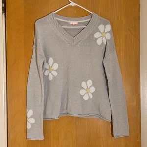 Lisa Todd V-Neck Pullover Pulli Gr. S Baumwollmischung grau Gänseblümchen kastig Oversized - Bild 1 von 8
