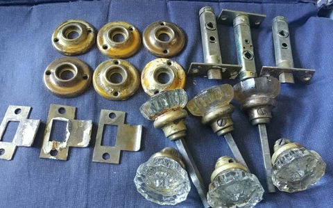 Lot 3 Antique Mid Century Door Lock Sets Glass Knobs with Hardware Vintage Cover