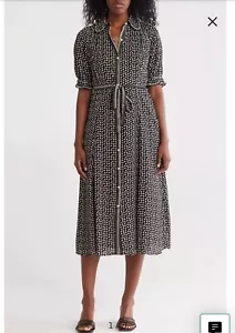 MAX STUDIO Womens Black/Cream Polka Dot Puff Sleeve Belted Midi Shirt Dress Sz.S - Picture 1 of 24
