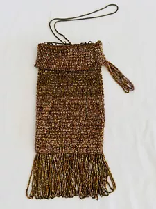 VINTAGE BRONZE / COPPER IRIDESCENT STEEL BEADED DRAWSTRING PURSE W/ LOOP FRINGE - Picture 1 of 10