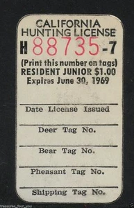 1968 CALIFORNIA Resident Jr. Hunting Validation Stamp - Picture 1 of 1