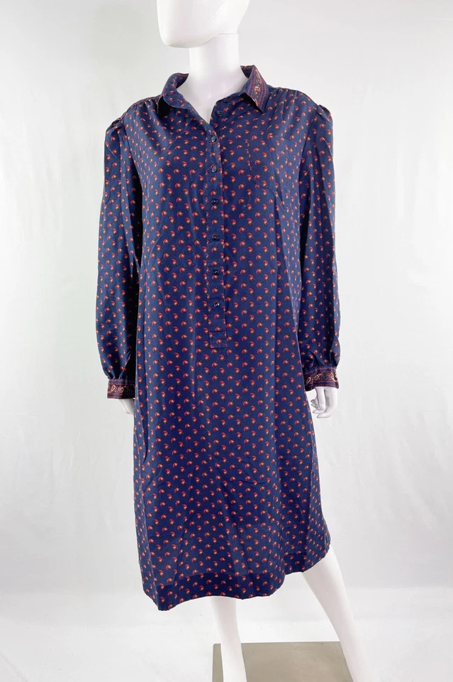 Schrader 运动复古海军蓝衬衫连衣裙 M 码长袖纽扣 80 年代 — 第 1/4 张图片