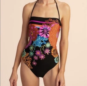 Trina Turk Black Multi Electric Reef Bandeau One-Piece Swimsuit Size 2 - Picture 1 of 8