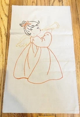 Vintage Fabric Embroidered Angel Quilt Square Panel Pillow 9x16 Linen Craft Pc - Image 1 of 3