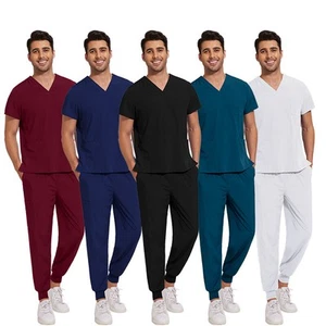 Stretch Medical Uniforms Scrub Set Men V-Neck Jogger Hospital Clinic Workware - Picture 1 of 28