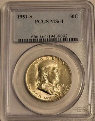 1951-S Silver Franklin Half Dollar 50c PCGS MS64, OLD HOLDER, LIGHT TONING - Image 1 of 4