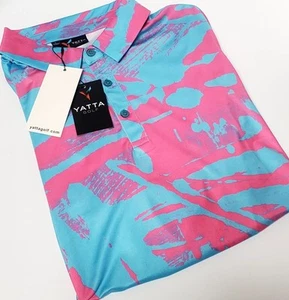 yatta golf Polo Shirt LG Bubblicious NWT Short Sleeve Blue & Hot Pink Abstract - Picture 1 of 10