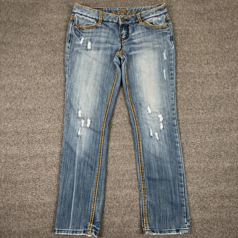 Pantalones de mezclilla Almost Famous para mujer 9 tiro bajo corte bota bigote grunge desgastados Y2K Foto 1 de 4