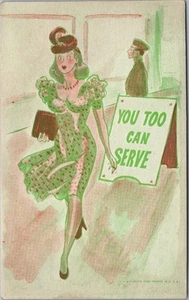 Tarjeta postal mutoscopio cómic militar niña bonita / letrero "YOU TO CAN SERVIR" - Imagen 1 de 2