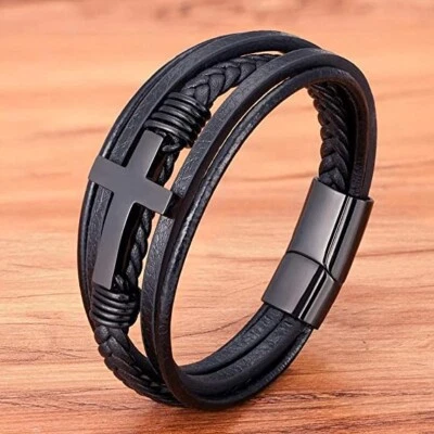 Men's Leather Braided Bracelet Cross Charm Bracelet Bangle Magnetic Clasp - Image 1 of 4