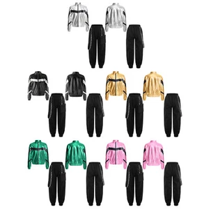 Kids Girls Tracksuit Metal Chain Activewear Jazz Jacket With Pants Disco Glossy - Picture 1 of 58