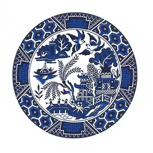 Blue Willow Porzellan Medaillen mit Bordüren Überglasur Wasserrutsche Keramik Aufkleber - Bild 1 von 2