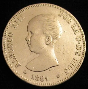 SPAIN, 608-ALFONSO XIII, 2 PESETAS 1891*18-91, MADRID PG M, GVF, RARE. - Picture 1 of 2
