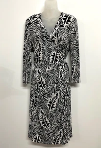 Jump Wrap Dress Size L 14 Business Stretch Long Sleeve Black White Leaf Print - Picture 1 of 11
