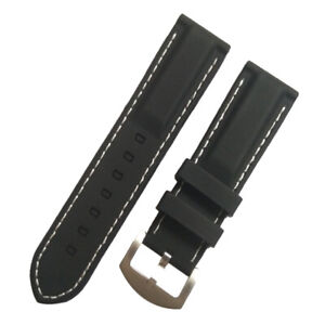 24mm New Two-piece Black Stitch White Line Silicone Rubber Watch Band Strap