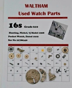 Piezas Reloj Waltham Usado 16/16s Modelo 1908, Grado 610 Ser Nº 2278634,WP2/34 - Imagen 1 de 1