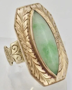 Vintage 1940’s 14K Yellow Gold Marquis Green Jadeite Ring Hand Engravings - Picture 1 of 8