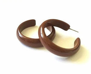 Chocolate Dark Brown Marbled Midi Vintage Lucite Hoop Earrings - Picture 1 of 5